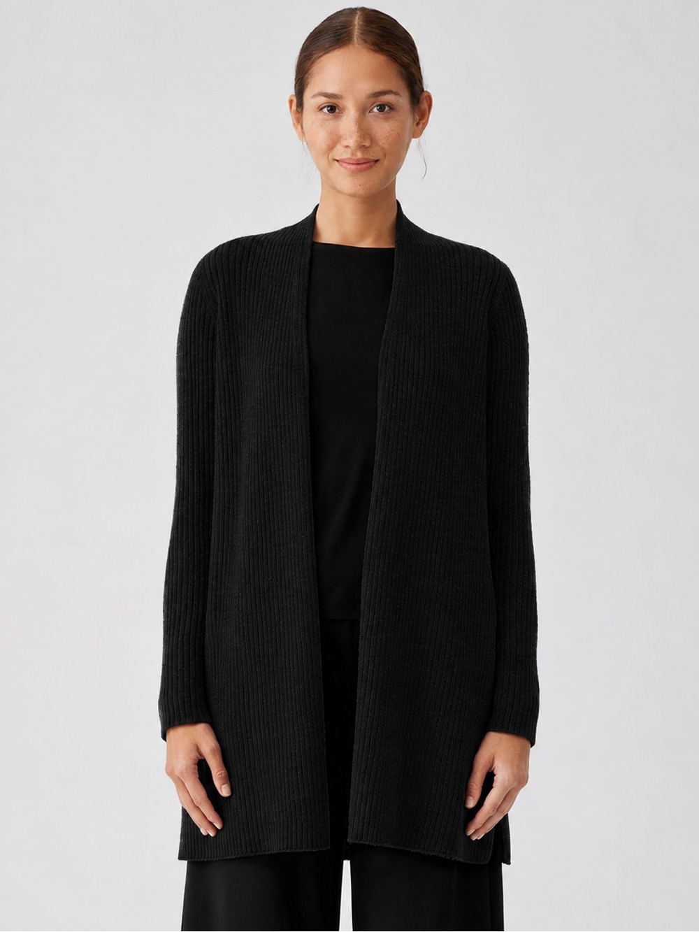 Eileen Fisher Merino High Collar Cardigan in Regenerative Wool Black Size 3X